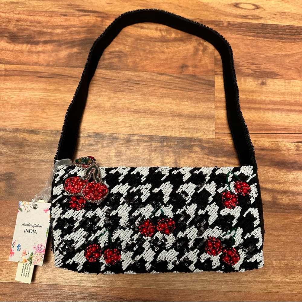 NWT Handmade in India Cherry Houndstooth Beaded Handbag